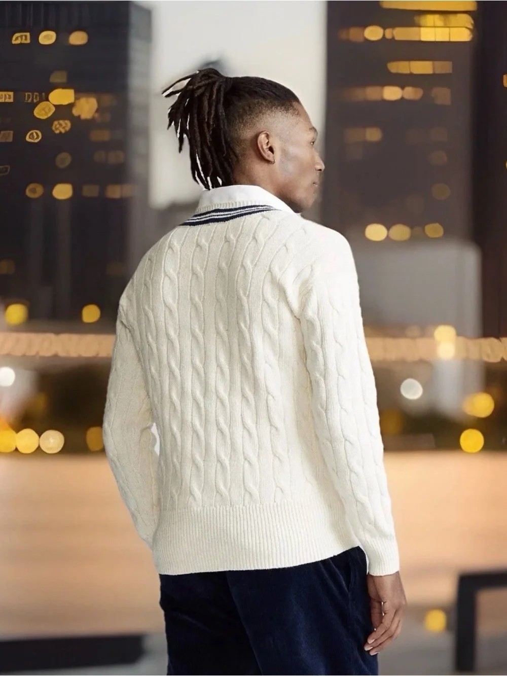 Polo by Ralph Lauren White Cable-Knit V-Neck Sweater with Navy Trim